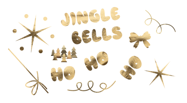 Jingle bells ho ho ho text with golden star and bow, shiny metallic ornament in copper tones with