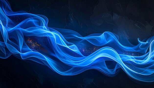 Abstract, swirling blue shapes float against a dark, textured background, suggesting energy and movement. Some hints of a starry effect visible