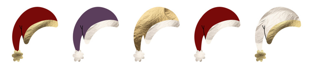 Santa hat set, creative collection of red, violet, golden and silver caps with white fur brims and