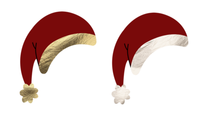 Santa hat set, traditional festive collection of red, silver and golden caps with textured fur brims