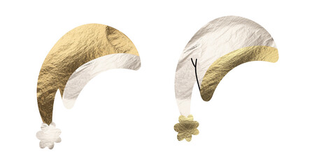 Santa hat set, metallic collection of golden and silver caps with glossy texture, shimmering