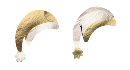 Santa hat set, metallic collection of golden and silver caps with glossy texture, shimmering