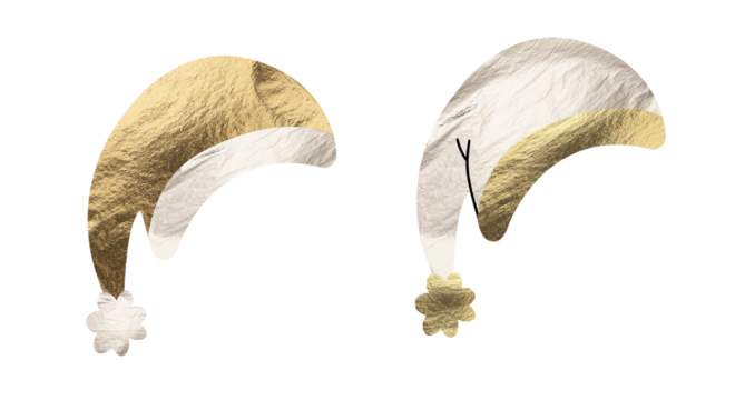 Santa hat set, metallic collection of golden and silver caps with glossy texture, shimmering