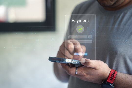 Person confirming a secure online payment a digital interface with a verification tick symbol. Secure Online Payment Transaction Process concept.