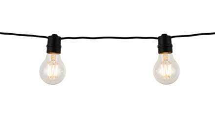 Two Edison filament light bulbs hanging from a black cord filament bulb, isolated on a white or transparent background, cutout, PNG