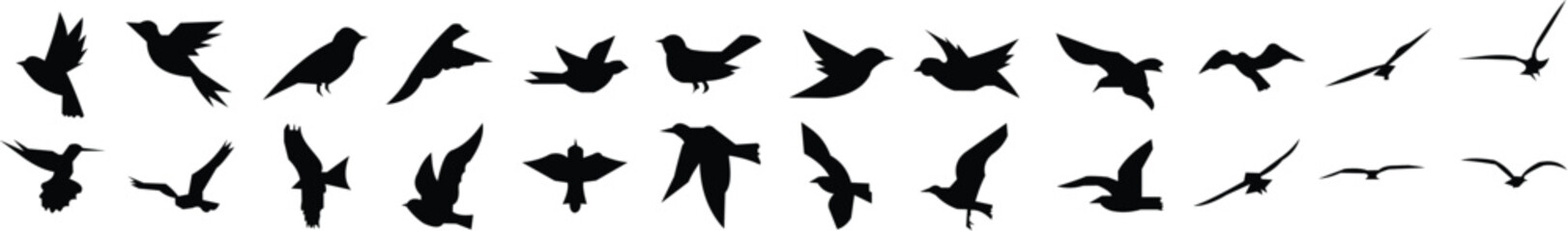 dark silhouette birds flying, monochrome minimalist bird illustration, vector graphic design birds, stark black and white bird silhouette art
