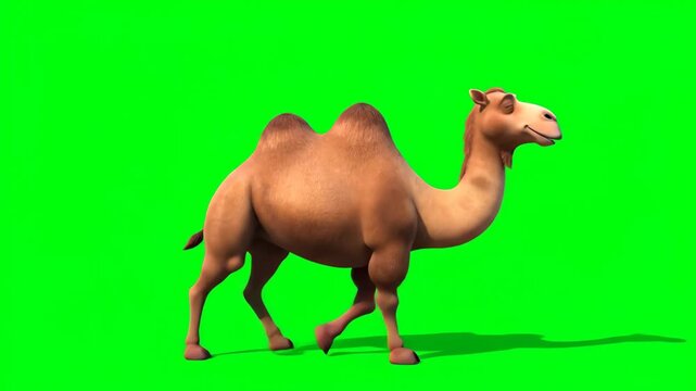 A cartoon camel walks gracefully across a vibrant green background, showing motion.