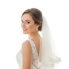 Beautiful Bride Smiling Over Her Shoulder in Wedding Dress.