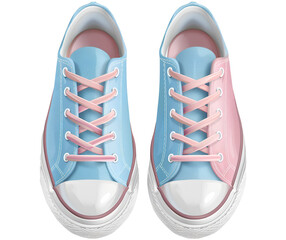 a pair of women's casual shoes with light blue and pink colors, white soles, leather upper material, patchwork design, low tops, ultra-detailed, and in high resolution.
