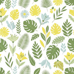 Floral Flourish: A vibrant, seamless botanical pattern, bursting with a diverse array of delicate flowers and lush, intricate leaves, creating a refreshing design.