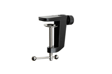 Black plastic table clamp with a metallic threaded screw and a swivel mount on a white back