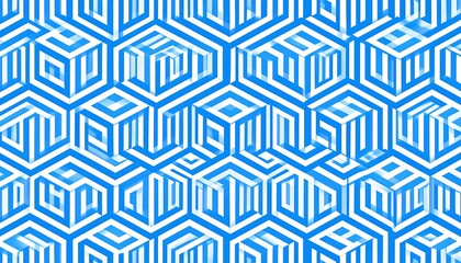 Abstract geometric pattern featuring interconnected blue and white hexagonal shapes creating an optical illusion of three-dimensional cubes. A visually engaging design