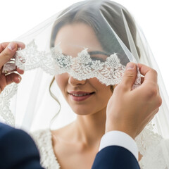 Brides veil being adjusted before wedding ceremony close up shot.