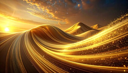 An abstract landscape portrays golden energy trails weaving through mountainous forms under a sunlit sky with dramatic clouds