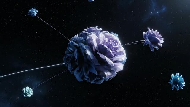 Abstract polygonal rose forms gently drift and interlock in zero gravity, conceptually "pinned" together by subtle light beams in a vast, deep space environment mysterious, future, abstract polygonal
