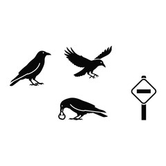 Crow silhouettes in different poses and a sign