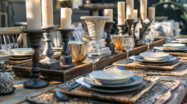 Elegant outdoor dining table set with candles and glassware creates a warm inviting atmosphere for memorable gatherings