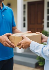 Delivery Man Handing Cardboard Box Package to Customer at Home Door Courier Service