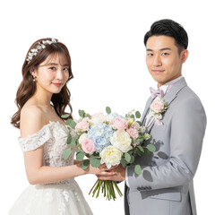 Bride and groom holding a wedding bouquet.