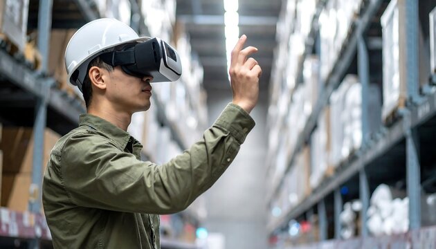 An Asian man in a warehouse wearing a virtual reality headset and hard hat, reaching upwards among shelves