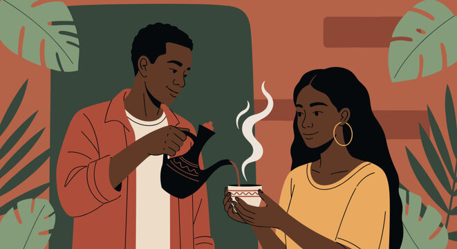 Young African bartender pouring freshly brewed coffee from a jebena for a woman, ideal for cultural events and hospitality training