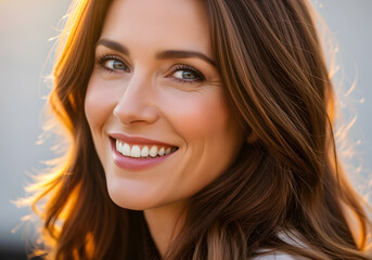 Fototapeta premium Woman with long brown hair and blue eyes is smiling