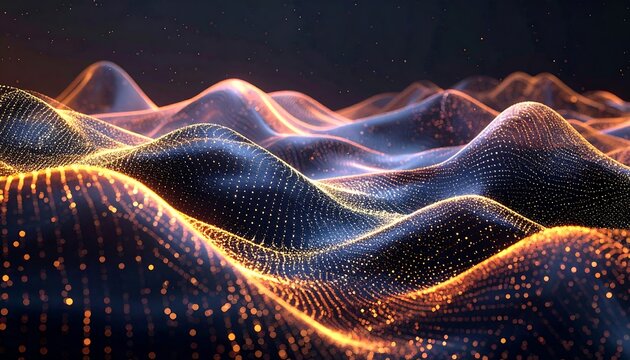 Abstract artwork depicting undulating waves composed of interconnected glowing dots, creating a sense of depth and luminosity, with a dark backdrop