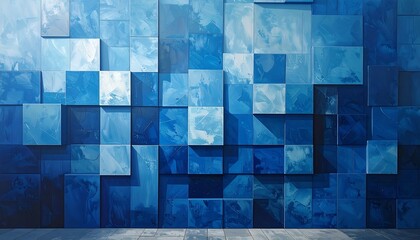 Abstract textured wall of blue squares, light to dark shades, with wood flooring below, creating depth and shadow