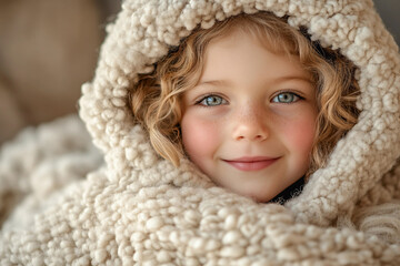 Adorable child dressed in fluffy cozy sheep-inspired costume smiling outdoors created with generative ai