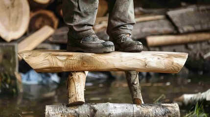 Rugged worker stands on handcrafted wooden bench, showcasing craftsmanship and rustic charm with natural wood grain