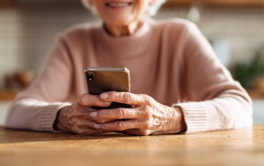 Older woman's hands holding a smartphone on a kitchen table in the daytime