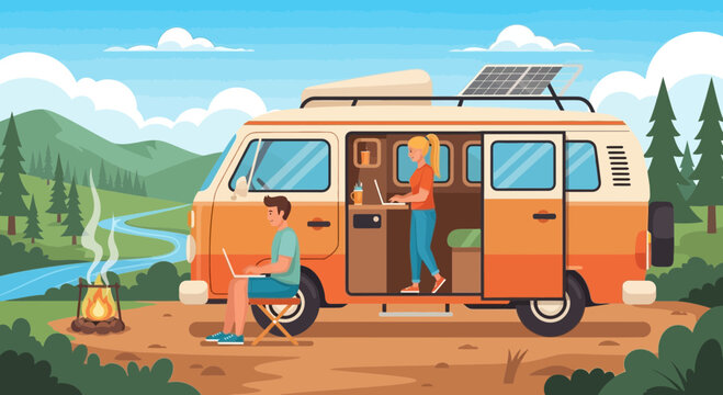 Vanlife camping scene with a couple traveling in a retro camper van, working remotely and enjoying nature beside a river in a peaceful outdoor landscape