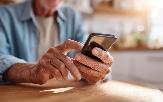 Older man using smartphone at kitchen table, hands show age and experience, connects digitally