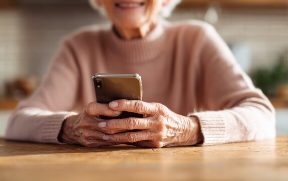 Older woman's hands holding a smartphone on a kitchen table in the daytime