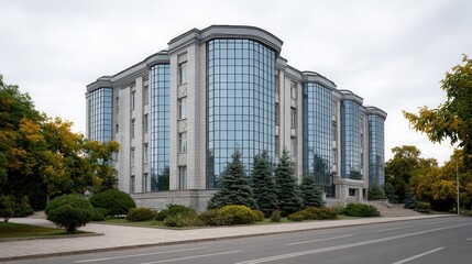 Obraz premium A contemporary office building featuring a glass facade, surrounded by landscaped greenery and trees, set against a cloudy sky.