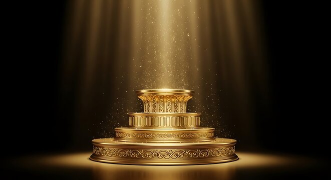 A golden pedestal bathed in radiant light, perfect for showcasing achievements and luxury products against a dark background, creating a sense of prestige