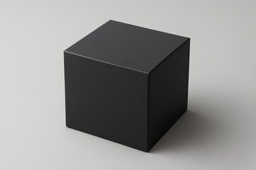 Matte black cube packaging box mockup on gray background