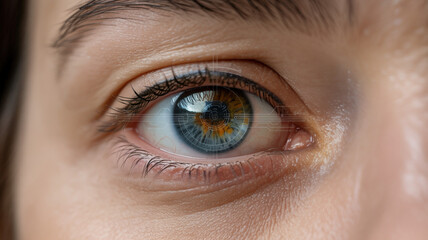 Obraz premium Detailed close-up of a human eye, highlighting the unique patterns, colors, and textures, capturing the essence of vision and human expression in a striking manner
