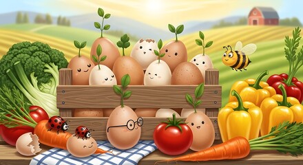 Adorable Cartoon Vegetables and Sprouting Potatoes in a Countryside Landscape.