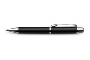 Ballpoint pen, black metal writing tool for office, business concepts, or school stationery items on transparent background