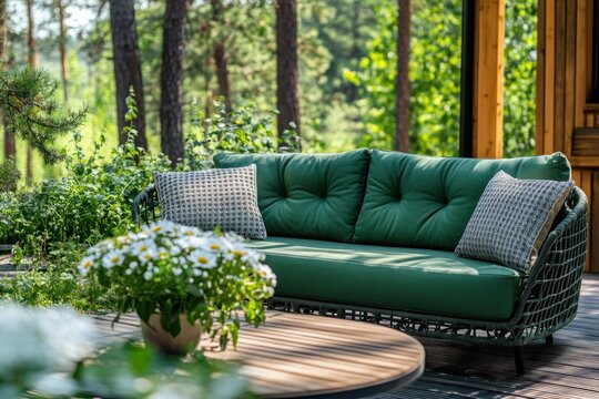 Green garden sofa on terrace. Table on the balcony with greenery and flower pots. - Powered by Adobe