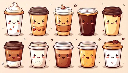 Adorable cartoon coffee cups, each with a unique expression and topping, arranged against a light background