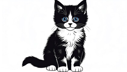 Obraz premium Adorable cartoon depiction of a black and white kitten with bright blue eyes, sitting upright against a white background