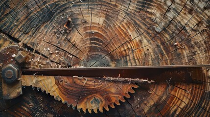 Rustic wood texture with saw blade cutting through a tree trunk, showcasing craftsmanship and natural elements