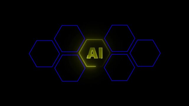 Glowing neon light hexagon frame animated on black background with AI icon. Animation of hexagon shape. 4K video!  