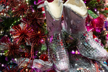 Christmas tree decorated in disco style, selective focus