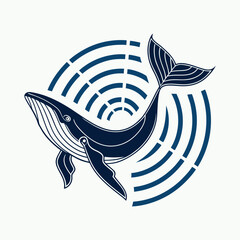 Minimal whale logo with sonar wave design &ndash; modern marine animal vector illustration.