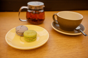 Two multi-colored macarons, pale green and soft pink, are laid out next to each 