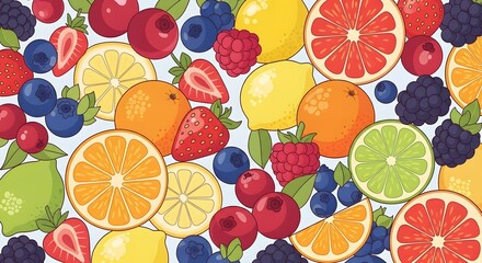 Vibrant Assortment of Fresh Fruits and Berries Scattered Artistically.
