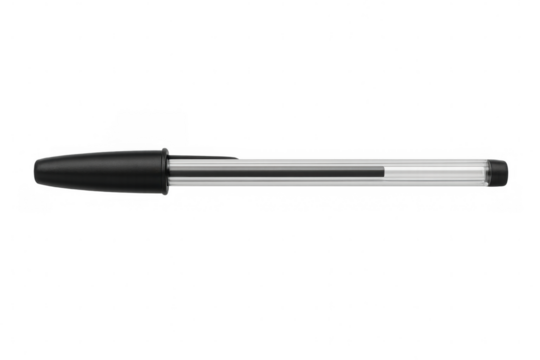 Ballpoint pen with black ink, transparent barrel, writing and drawing tool, basic office supply and stationery aid